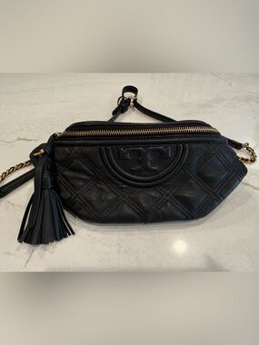 Tory Burch Black Quilted Leather Crossbody Belt Bag with Tassel Accent